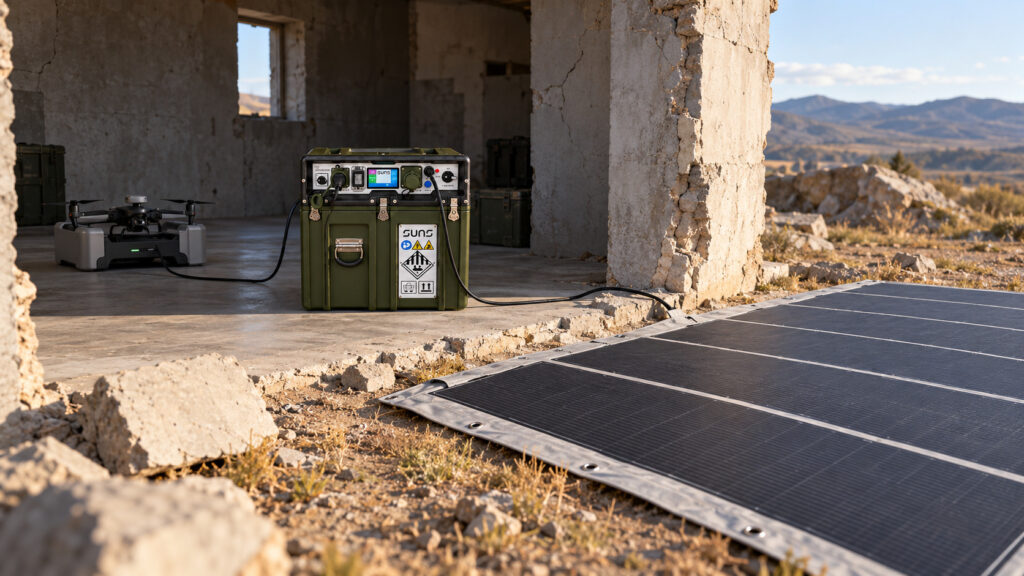 SUNS Energy Hub and Fast Fold solar mat connected to drone equipment inside a damaged concrete outpost.