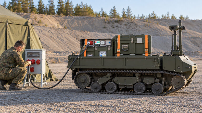 Tracked unmanned ground vehicle transporting a SUNS portable power system at a field installation.